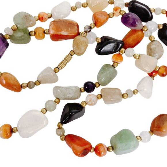 Vintage 1960s Long Gemstone Necklace 34" Jadeite Amethyst Carnelian Onyx Quartz - Picture 1 of 10